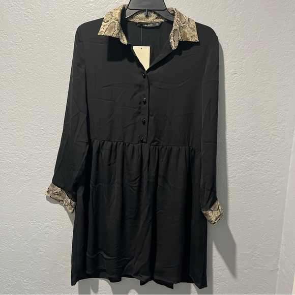 ZARA Black Button-Up Dress with Patterned Collar - Picture 5 of 10